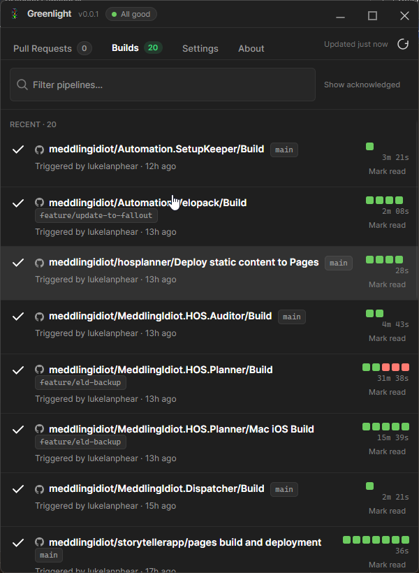 Greenlight app window listing recent CI/CD builds with green and red status squares
