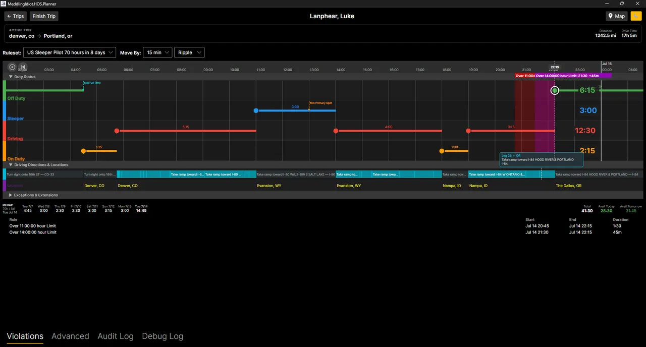 HOS Planner showing a route map and duty-status timeline