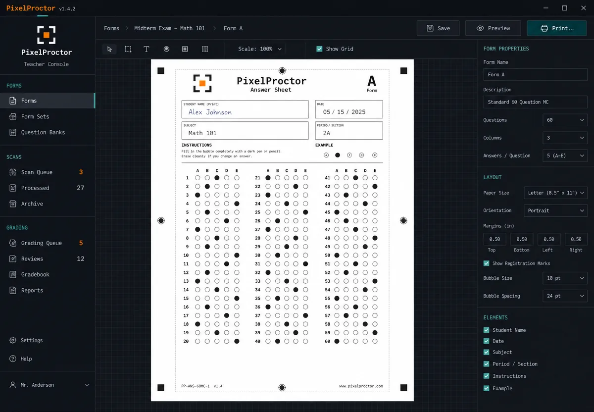 PixelProctor assessment studio interface