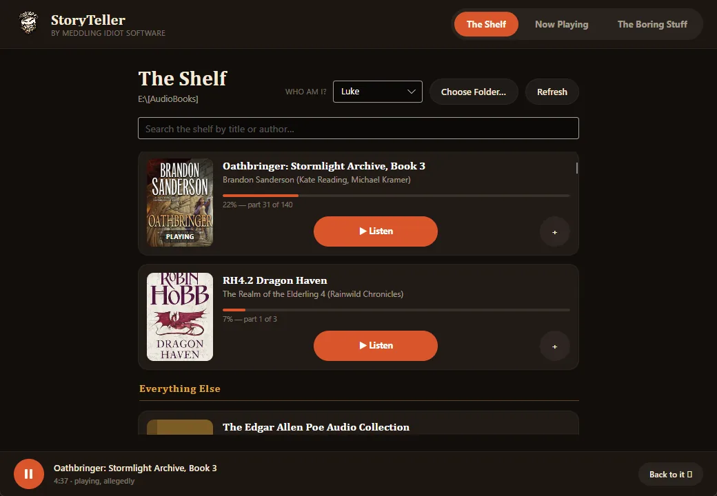 StoryTeller audiobook shelf listing books with covers, progress bars, and a now-playing bar
