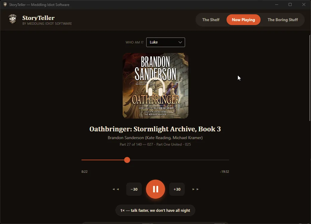 StoryTeller now playing screen with seek bar, speed and sleep timer