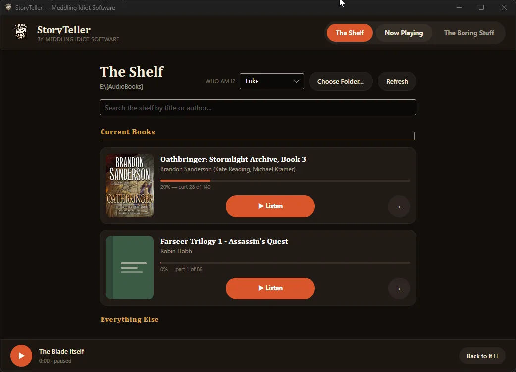 The StoryTeller shelf, showing audiobook covers pulled from a folder