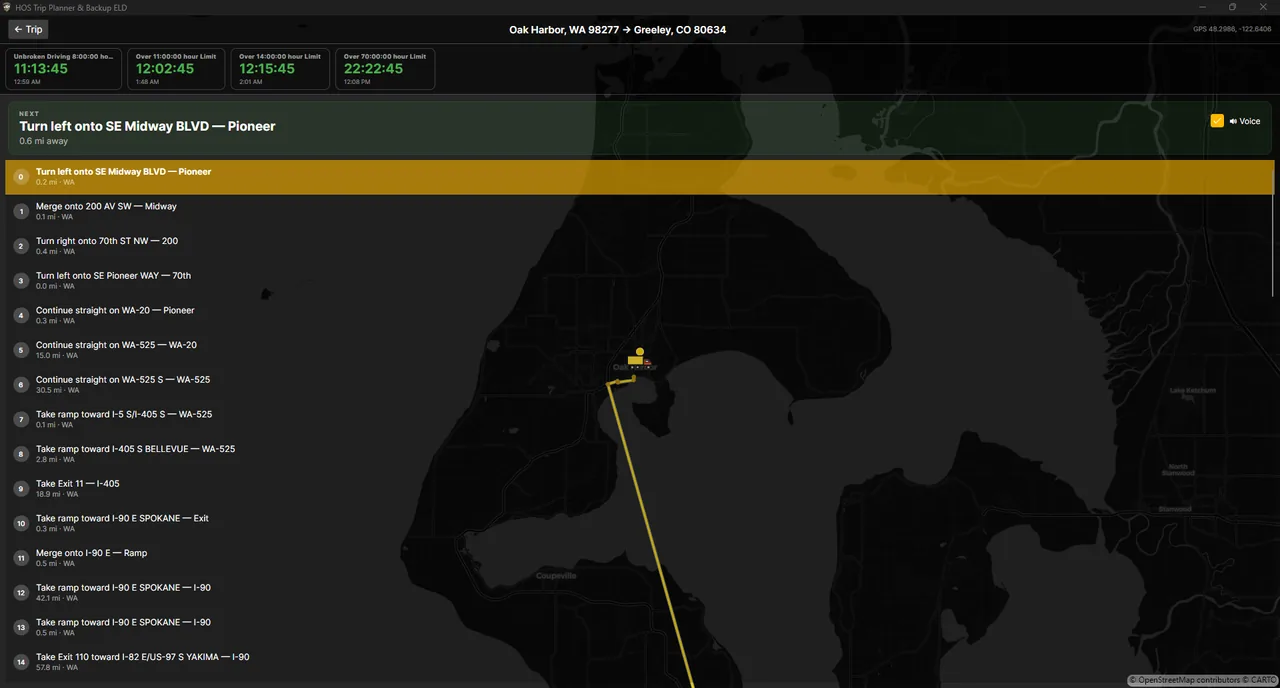 HOS Planner drive screen: turn-by-turn directions beside the route map with live HOS countdown timers across the top