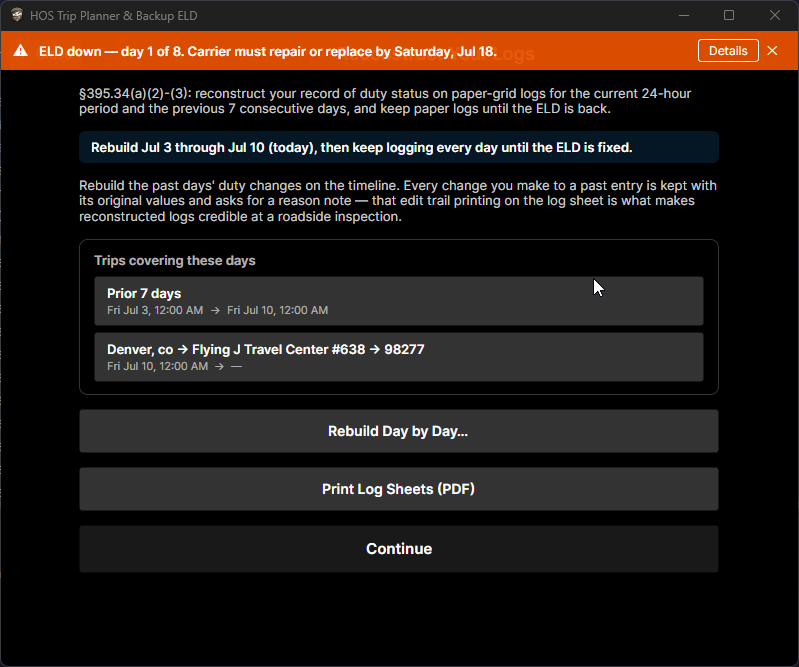 ELD Down wizard: day 1 of the 8-day repair countdown, with the §395.34 reconstruction requirement explained and buttons to rebuild day by day or print log sheets