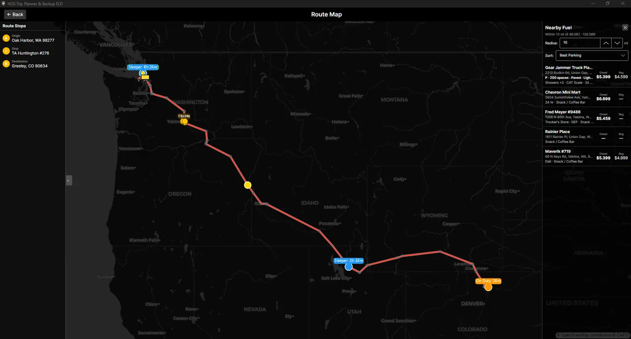 HOS Planner route map with nearby fuel stops