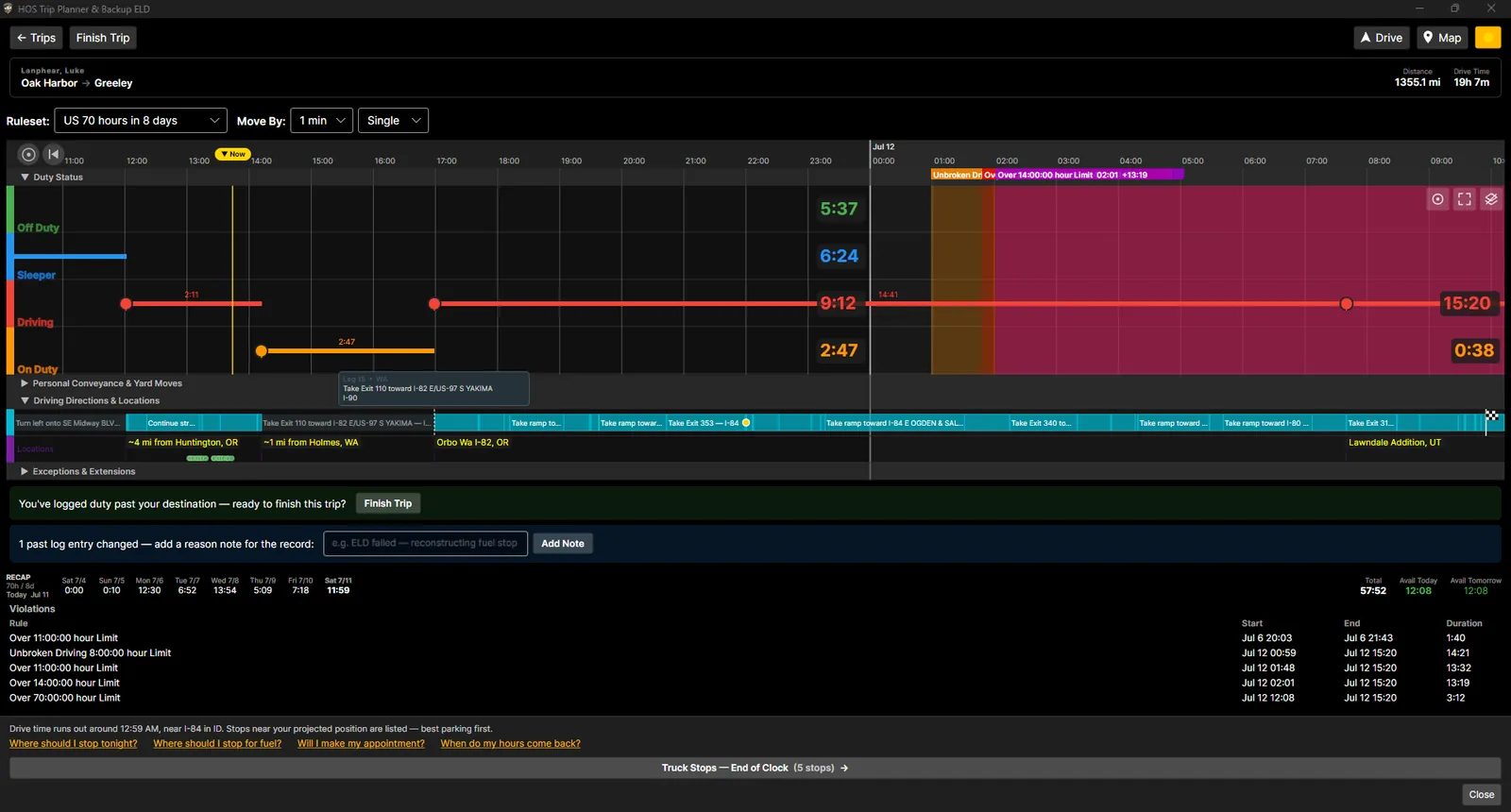HOS Planner — live violation detection on the timeline